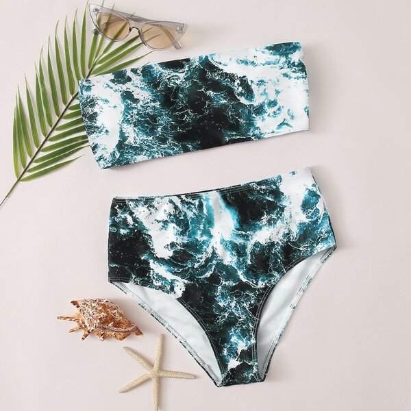 

Tie Dye Bandeau High Waisted Bikini Swimsuit, Multicolor