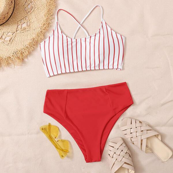 

Striped Lace-up Back Bikini Swimsuit, Red