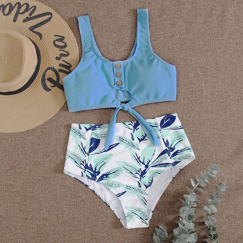 

Tropical Button Front Knot Bikini Swimsuit, Multicolor