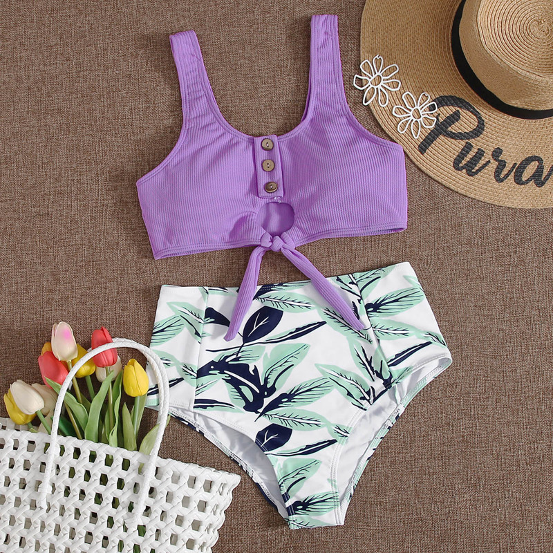 

Tropical Button Front Knot Bikini Swimsuit, Multicolor