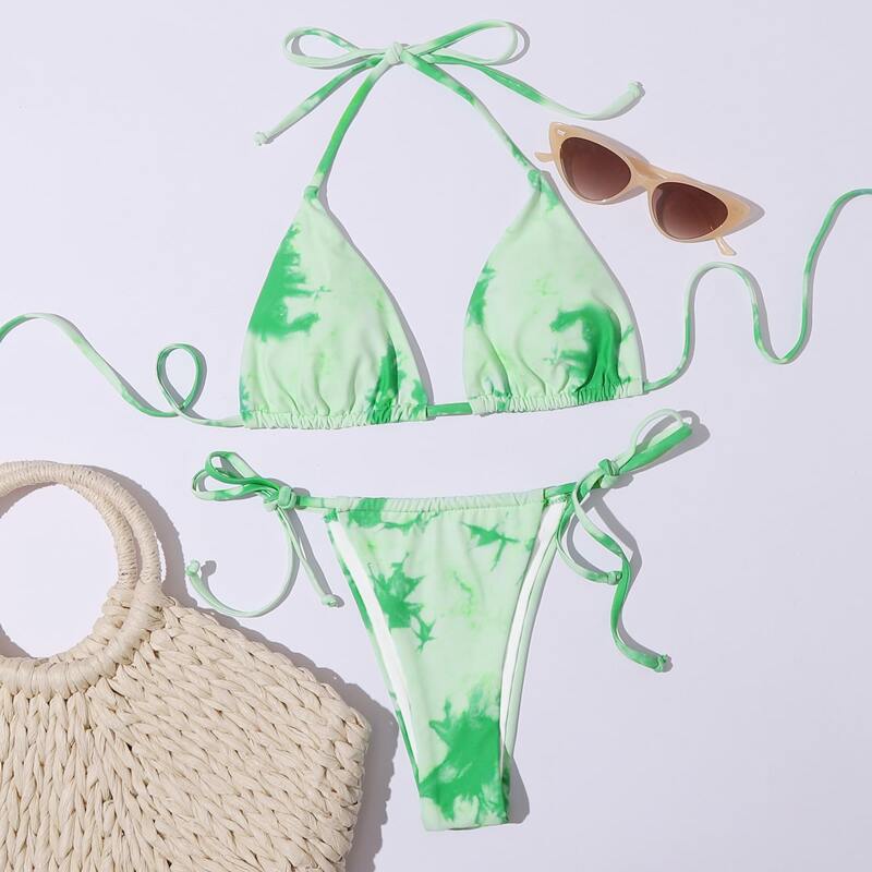 Tie Dye Triangle Tie Side Bikini Swimsuit, Green