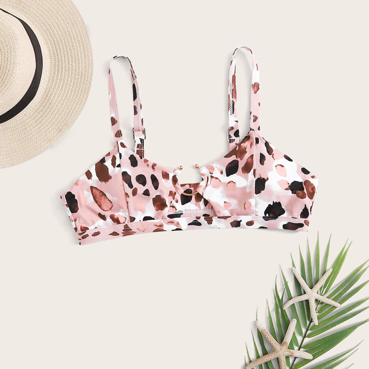 

Allover Print Ring Linked Bikini Top, Multicolor
