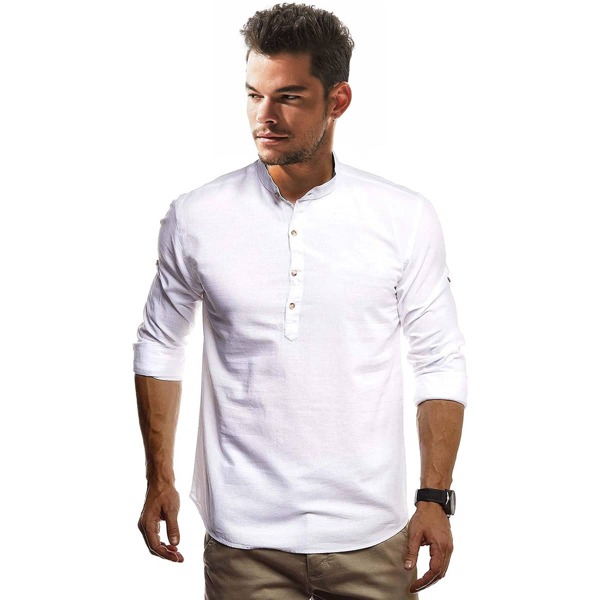 

Men Mock Neck Half Placket Shirt, White