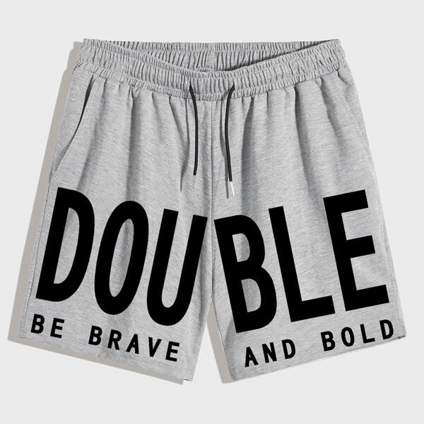 

Men Slogan Graphic Drawstring Shorts, Grey