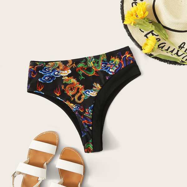 

Dragon Print High Waisted Bikini Panty, Black