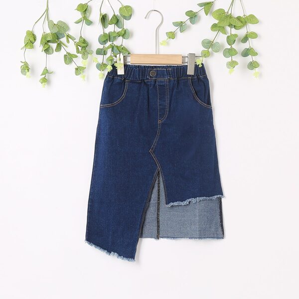

Girls Raw Hem Asymmetrical Denim Skirt, Navy