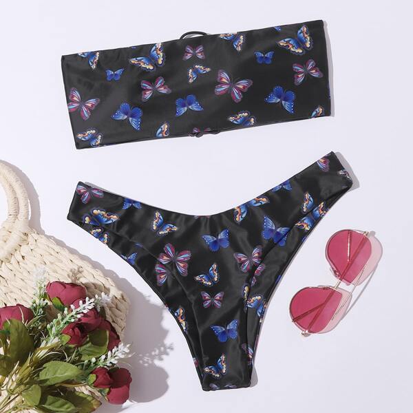 

Butterfly Print Bandeau High Cut Bikini Swimsuit, Black
