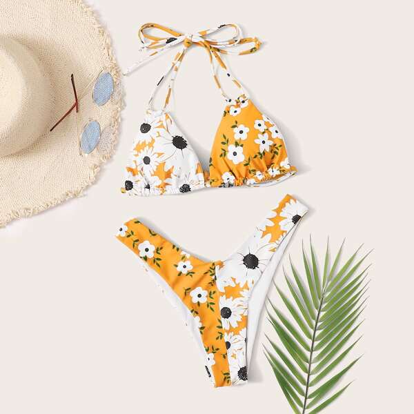 

Floral Triangle High Leg Bikini Swimsuit, Multicolor