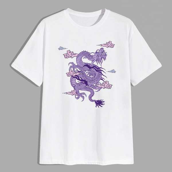 

Men Dragon & Clouds Print Tee, White