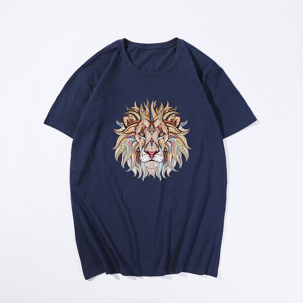 

Men Lion Print Round Neck Tee, Blue