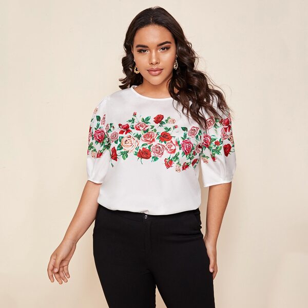 

Plus Puff Sleeve Floral Print Top, White