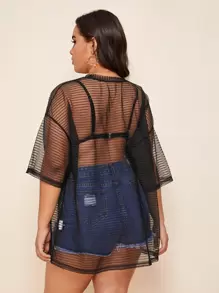 SHEIN Privé Plus Drop Shoulder Striped Sheer Mesh Top Without Bra