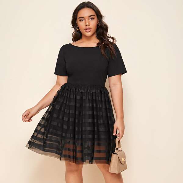 

Plus Striped Mesh Fit & Flare Dress, Black