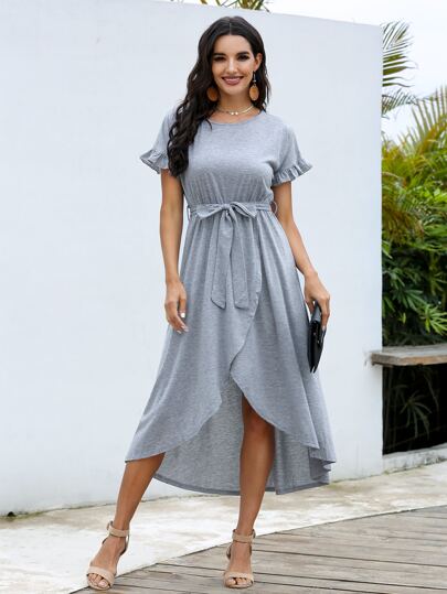 Flounce Sleeve Tulip Hem Belted Solid Dress