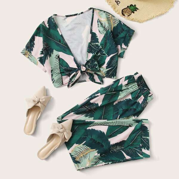 

Plus Tropical Print Tie Front Top & Pants Set, Multicolor