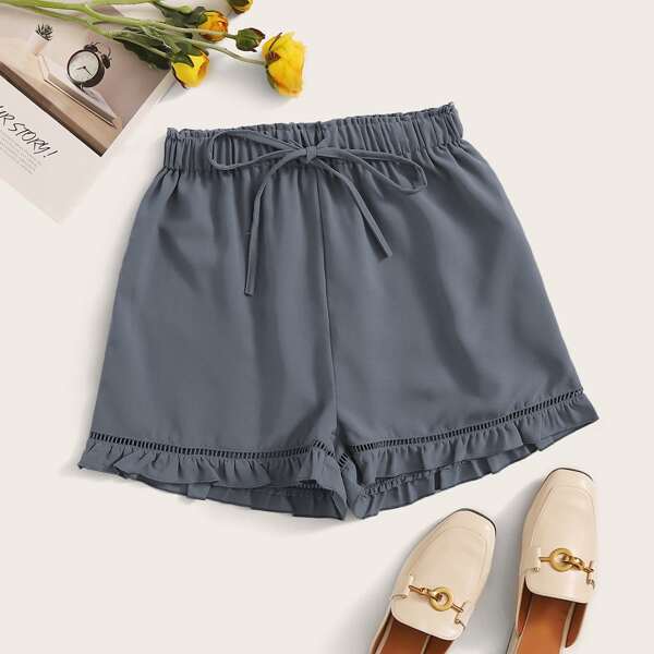 

Plus Frill Hem Pointelle Drawstring Shorts, Blue