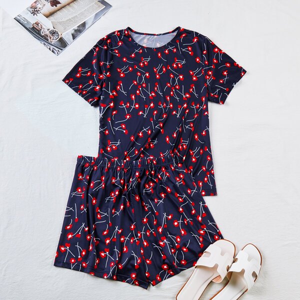 

Plus Floral Print Tee With Shorts, Navy blue