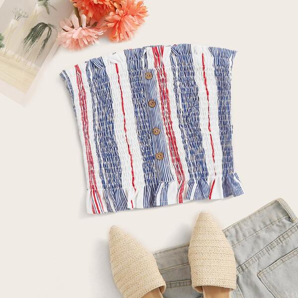 

Plus Striped Print Lettuce Trim Shirred Tube Top, White