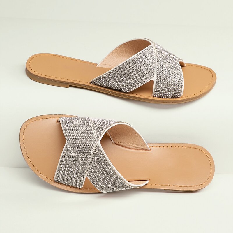 

Crystal Pave X Band Open Toe Slide Sandals, Silver