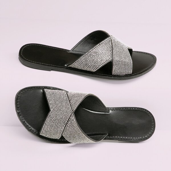 

Rhinestone Cross Band Open Toe Slide Sandals, Black