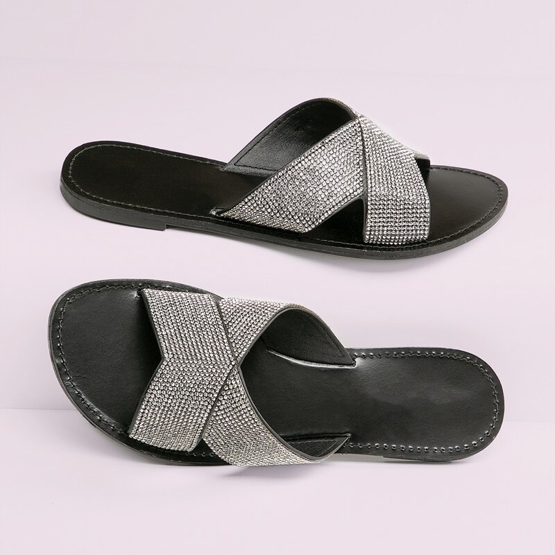 

Rhinestone Cross Band Open Toe Slide Sandals, Black