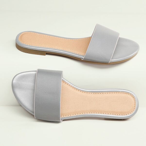 

Iridescent Wide Band Open Toe Slide Sandals, Silver