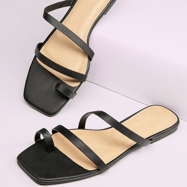 

Square Toe Strappy Flat Slide Sandals, Black