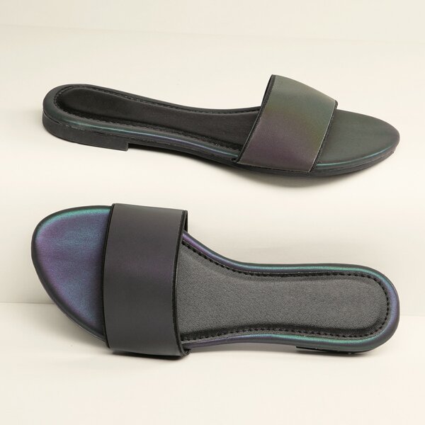 

Iridescent Wide Band Open Toe Slide Sandals, Black