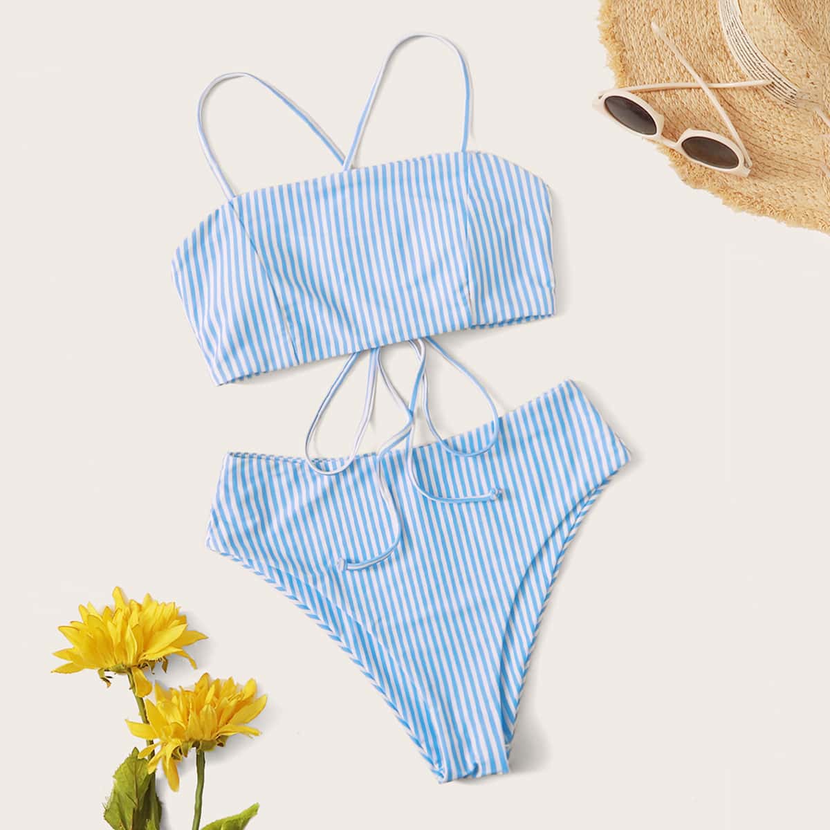 

Striped High Waisted Bikini Swimsuit, Blue