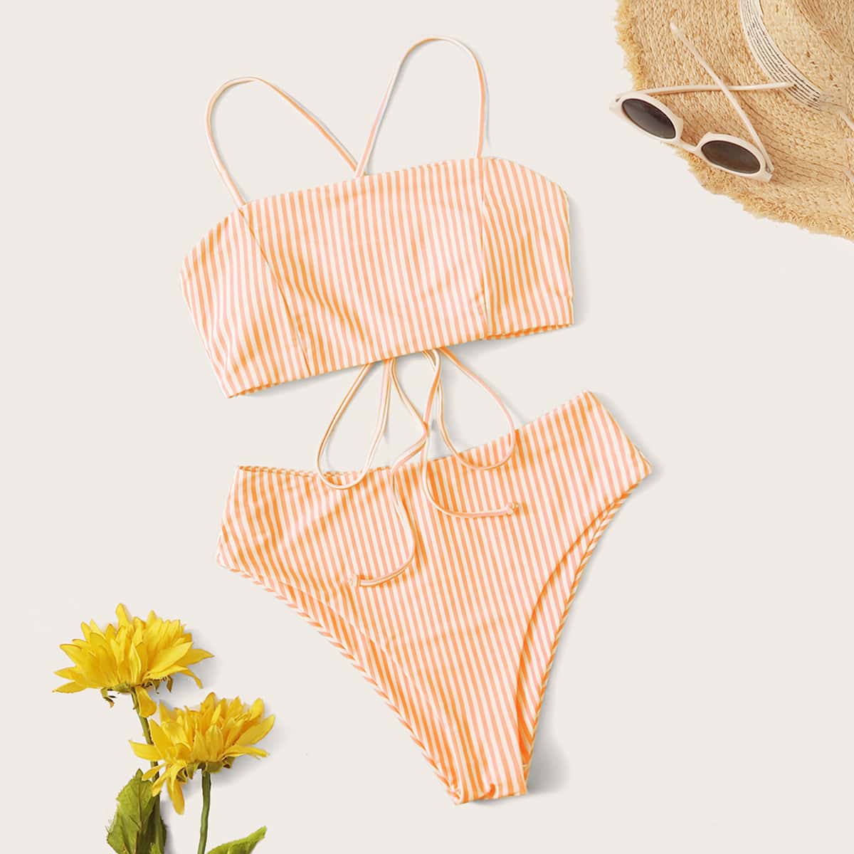 

Striped High Waisted Bikini Swimsuit, Orange