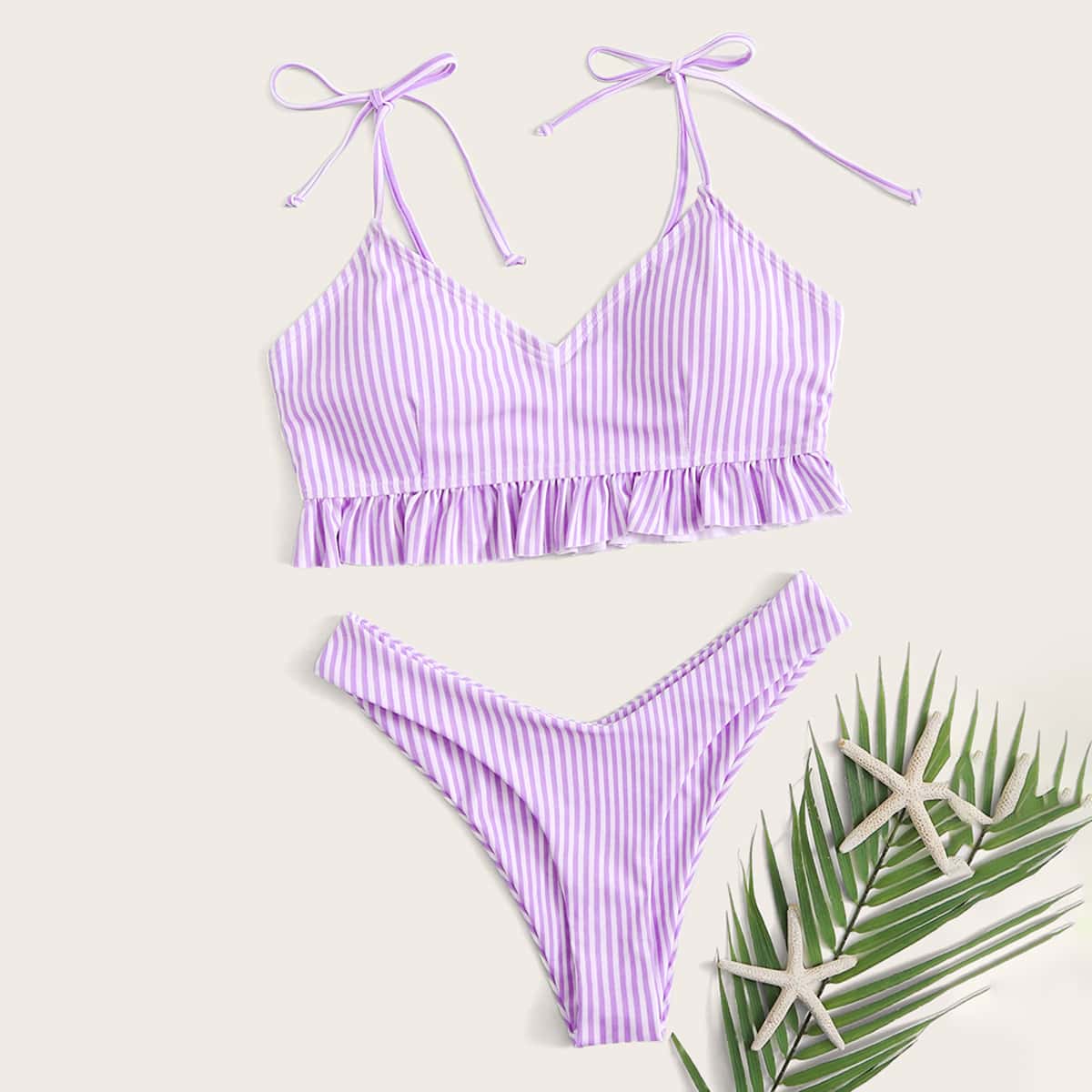 

Striped Ruffle Hem High Cut Bikini Swimsuit, Purple
