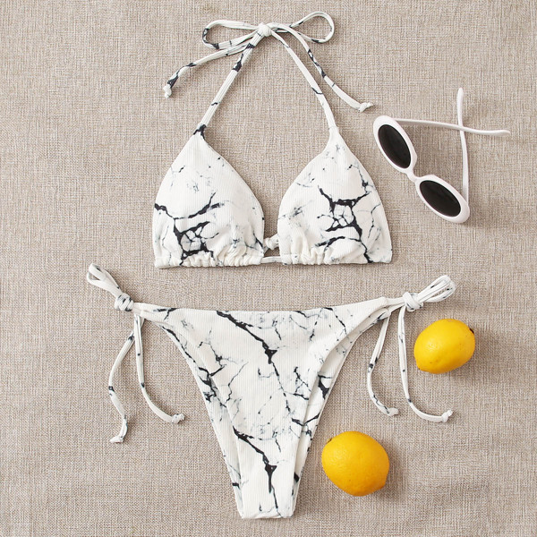 

Marble Pattern Triangle Tie Side Bikini Swimsuit, White