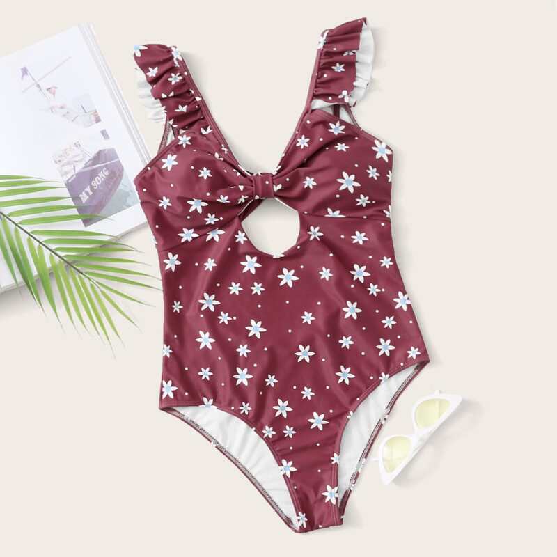 

Floral Cut-out Front Ruffle One Piece Swimsuit, Burgundy