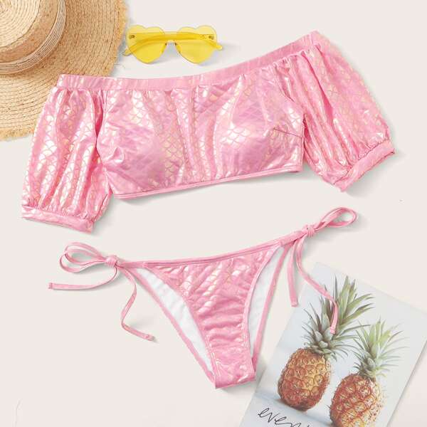 

Fish Scale Metallic Bardot Tie Side Bikini Swimsuit, Pink