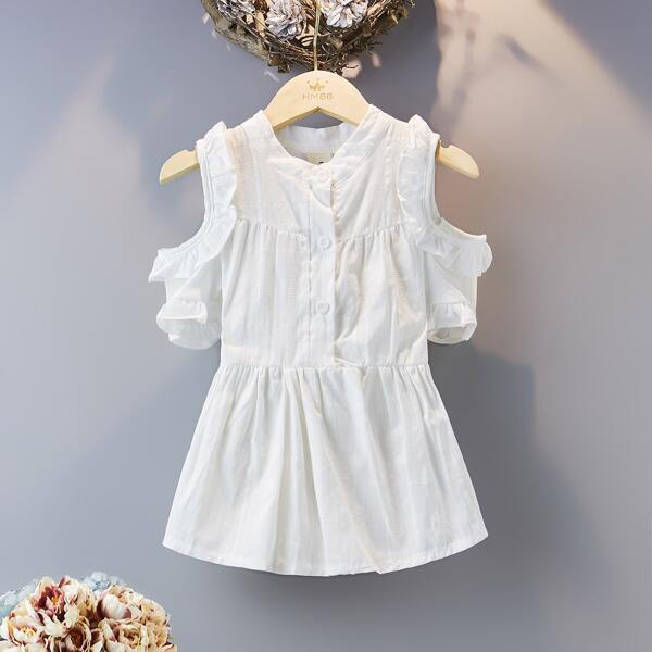Toddler Girls Cold Shoulder Ruffle Trim Button Front Blouse, White