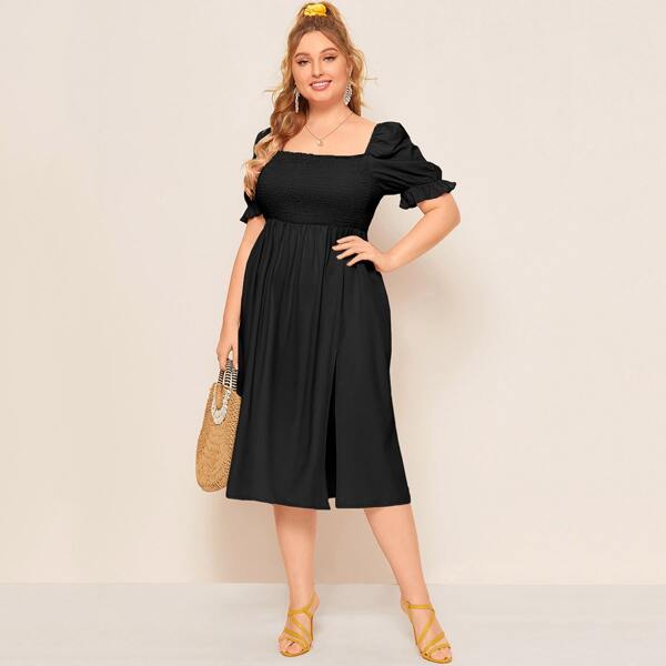

Plus Square Neck Split Hem Shirred Dress, Black