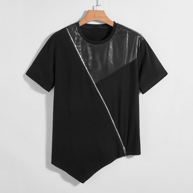 

Guys PU Panel Diagonal Zipper Asymmetrical Tee, Black