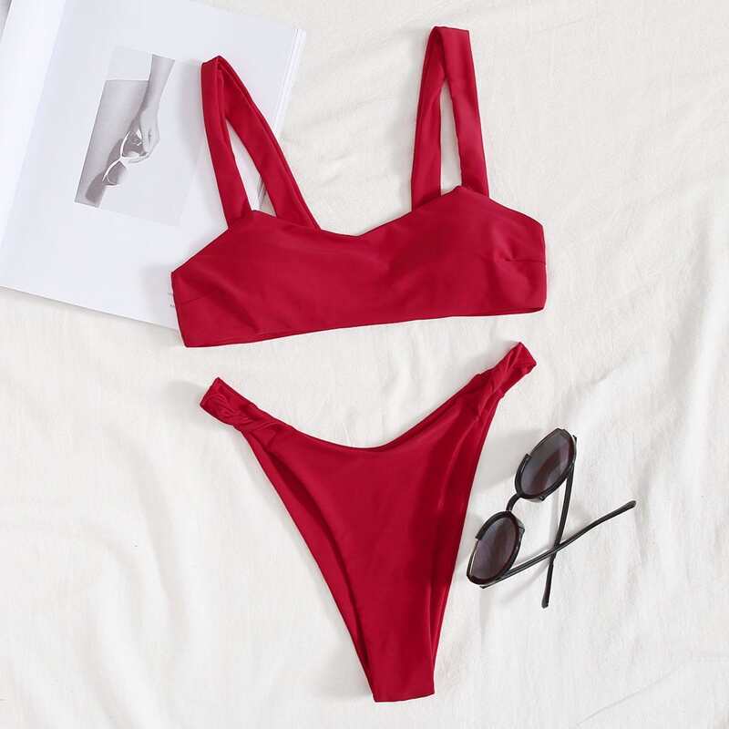 

Solid High Cut Bikini Swimsuit, Red