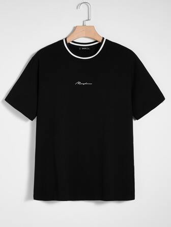 Manfinity VCAY Men Cotton Letter Print Striped Tape Neck Tee, Summer