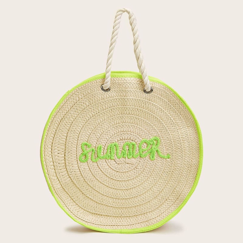 

Letter Embroidered Contrast Trim Round Tote Bag, Khaki