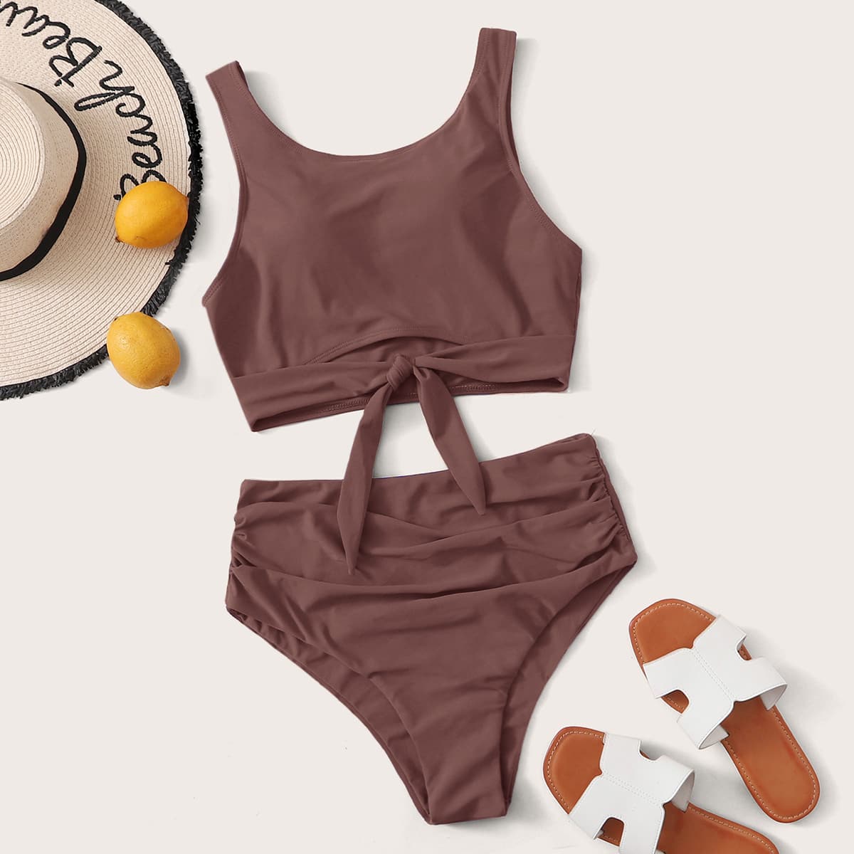 

Knot Front Ruched High Waisted Bikini Swimsuit, Chocolate brown