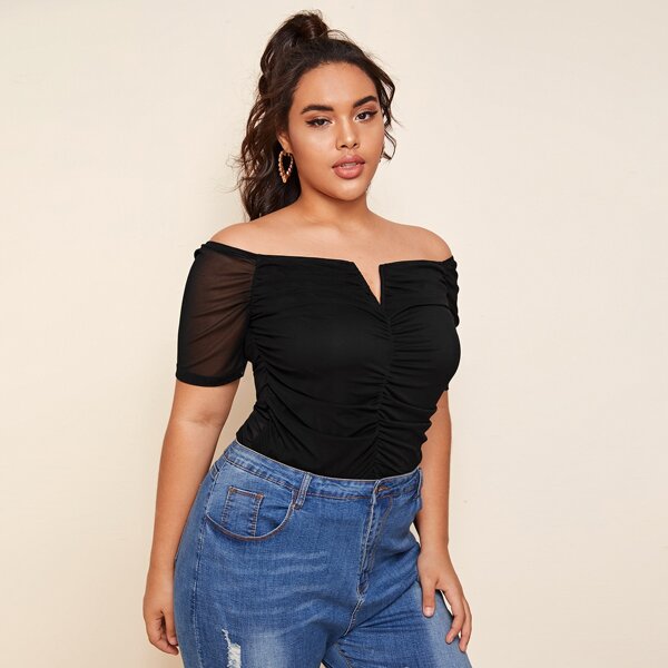 

Plus Off Shoulder Notched Neck Ruched Mesh Top, Black