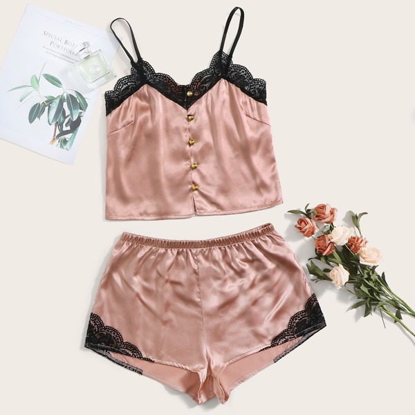 

Lace Trim Satin PJ Set, Pink