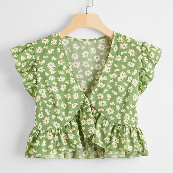 

Ruffle Trim Daisy Floral Peplum Top, Multicolor