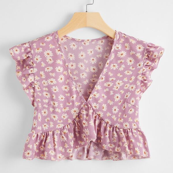 

Daisy Floral Print Ruffle Peplum Top, Lilac purple