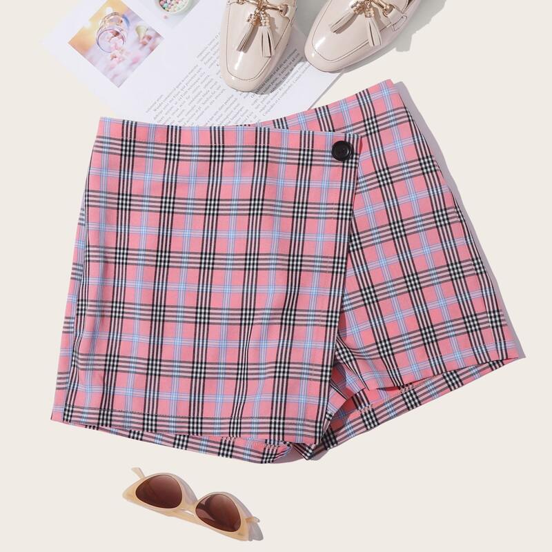 

Button Detail Plaid Skort, Pink