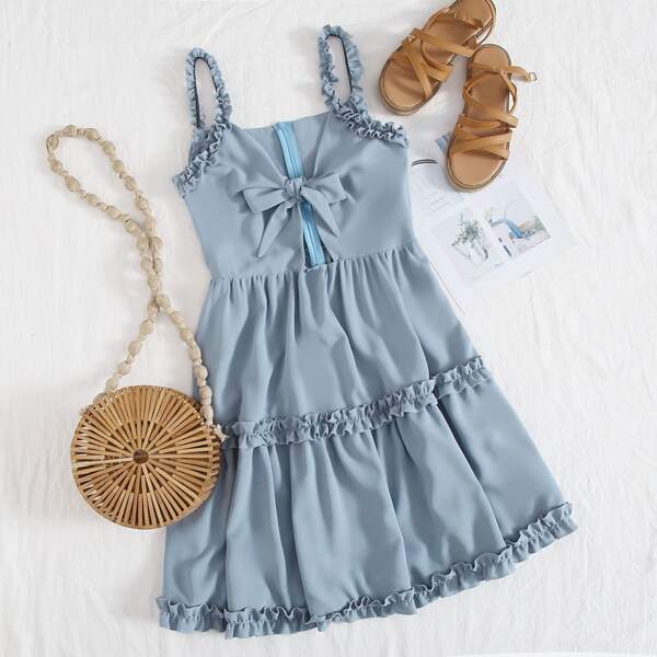 

Frill Trim Tie Front Peekaboo Cami Dress, Blue pastel