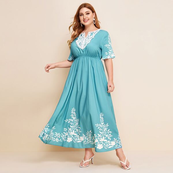 

Plus Notch Neck Guipure Lace Trim Plants Dress, Blue pastel