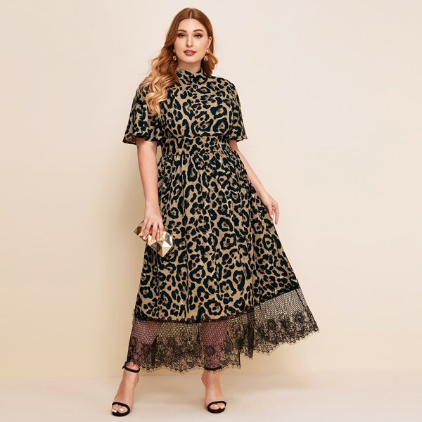 

Plus Collared Eyelash Lace Hem Leopard Dress, Multicolor
