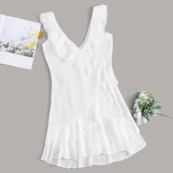 

Swiss Dot Ruffle Trim Solid Dress, White